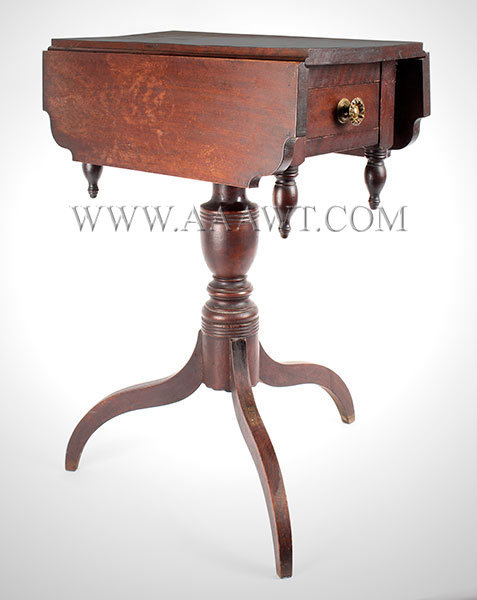 Worktable, Stand, Drop Leaf, Unusual Proportions, Bold Drop Finials
Early 19th Century, angle view 1